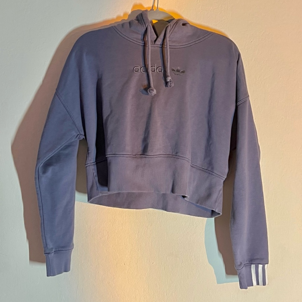 Adidas Striped Sleeve Dusty Blue Crop Hoodie